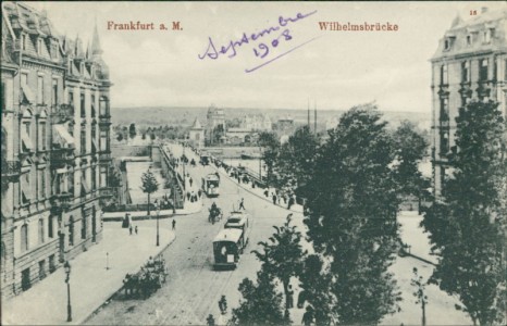 Alte Ansichtskarte Frankfurt am Main, Wilhelmsbrücke mit Straßenbahn