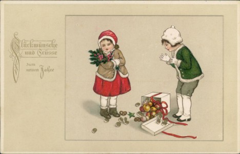 Alte Ansichtskarte Glückwünsche und Grüße zum neuen Jahre, Kinder mit einem Päckchen voller Äpfel und Lebkuchen, ähnlich Gertrud Caspari