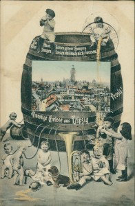 Alte Ansichtskarte Leipzig, Durstige Grüße, Bierfass