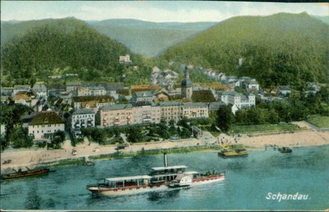 Alte Ansichtskarte Bad Schandau, Teilansicht mit Elbdampfer