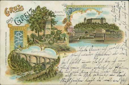 Alte Ansichtskarte Greiz, Bismark-Denkmal, Oberes Schloss, Elstertalbrücke
