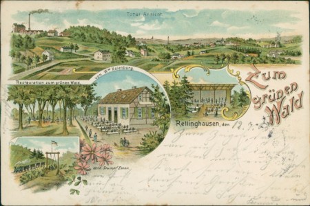 Alte Ansichtskarte Essen-Rellinghausen, Totalansicht, Restauration zum grünen Wald von Ww. Keienburg