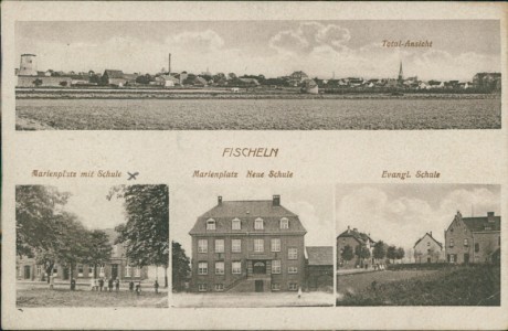 Alte Ansichtskarte Krefeld-Fischeln, Totalansicht, Marienplatz mit Schule, Neue Schule, Evangl. Schule