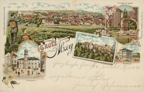 Alte Ansichtskarte Gruss aus Alzey, Total, Kriegerdenkmal, Rathaus, Burgruine, Bahnhof
