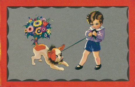 Alte Ansichtskarte Künstlerkarte ähnlich Emilio Colombo, Knabe mit Hund an der Leine
