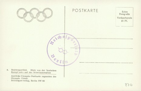 Adressseite der Ansichtskarte Reichssportfeld, Blick von der Deutschen Kampfbahn auf das Schwimmstadtion