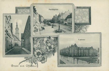 Alte Ansichtskarte Gruss aus Offenburg, Kirche, Marktplatz, Kaserne