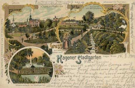 Alte Ansichtskarte Hagen, Gruss aus dem Restaurant im Hagener Stadtgarten (EINKERBUNG AM UNTEREN RAND, AUF SCAN NICHT ERSICHTLICH)