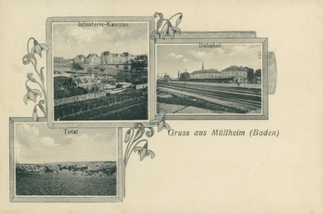 Alte Ansichtskarte Gruss aus Müllheim (Baden), Infanterie-Kaserne, Bahnhof, Total