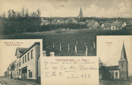 Alte Ansichtskarte Roschbach (Edenkoben), Total, Gasthaus z. Sonne, Georg Schlegel, Kirche