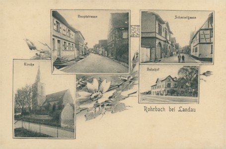 Alte Ansichtskarte Rohrbach (Pfalz), Hauptstrasse, Schmiedgasse, Kirche, Bahnhof