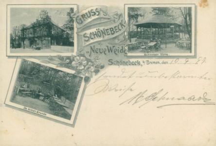 Alte Ansichtskarte Gruss aus Schönebeck b. Bremen, "Neue Weide", Schweizer Hütte, Im kühlen Grunde