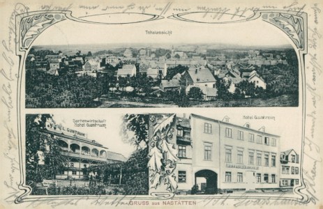 Alte Ansichtskarte Nastätten, Totalansicht, Gartenwirtschaft Hotel Guntrum, Hotel Guntrum, Jugendstil-Dekor