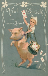 Alte Ansichtskarte Viel Glück im neuen Jahre, Knabe reitet auf Schwein, Jugendstil-Dekor