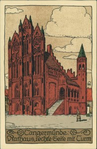 Alte Ansichtskarte Tangermünde, Rathaus, rechte Seite mit Turm (Künstler-Stein-Zeichnung)