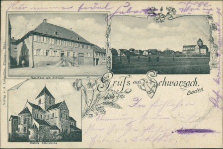 Alte Ansichtskarte Gruss aus Schwarzach, Gasthaus zum Schwan, Teilansicht, frühere Abteikirche