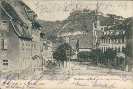 Alte Ansichtskarte Weinheim, Marktplatz mit Blick auf die Burg Windeck