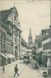 Alte Ansichtskarte Freiburg im Breisgau, Bertholdstrasse mit Universität, Straßenbahn