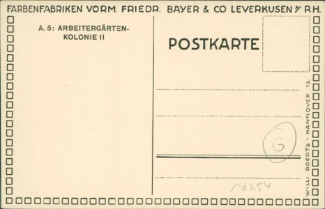 Adressseite der Ansichtskarte Leverkusen, Farbenfabriken vorm. Friedr. Bayer & Co. A. 5: Arbeitergärten, Kolonie II
