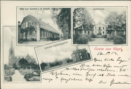 Alte Ansichtskarte Gruss aus Sögel, Hotel zum Bahnhof v. H. Knipper, Landratsamt, Kirche, Schloss Clemenswerth (BESCHNITTEN)