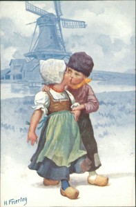 Alte Ansichtskarte Karl Feiertag, Kinder in Holländer-Tracht, Windmühle im Hintergrund