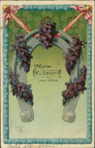 Alte Ansichtskarte Herzlichen Glückwunsch zum neuen Jahre, Hufeisen, Veilchen, Vergissmeinnicht