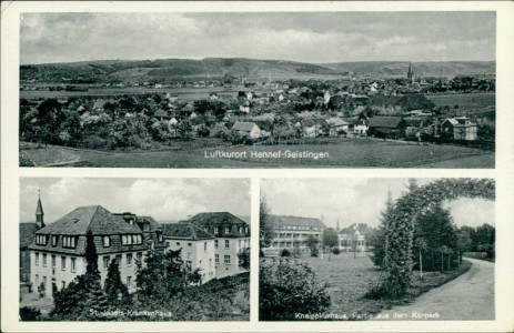 Alte Ansichtskarte Hennef (Sieg)-Geistingen, Gesamtansicht, St. Josefs-Krankenhaus, Kneippkurhaus, Partie aus dem Kurpark