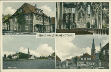 Alte Ansichtskarte Sassenberg-Füchtorf, Bäckerei u. Café Th. Thumann, Inneres der Kirche, Pfarrkirche, Ortspartie