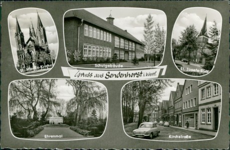 Alte Ansichtskarte Sendenhorst, St. Martin-Kirche, Schulgebäude, St. Josefs-Stift, Ehrenmal, Kirchstraße