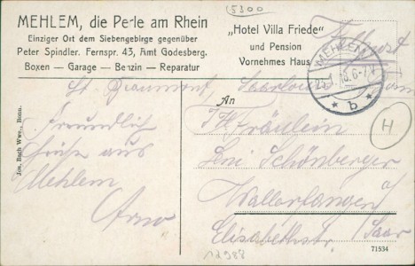 Adressseite der Ansichtskarte Bad Godesberg-Mehlem, Hotel Villa Friede, Gartenseite mit Wandelhalle