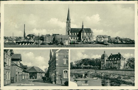Alte Ansichtskarte Herzfeld (Lippetal), Teilansicht mit Kirche, Straßenpartie, Schloß