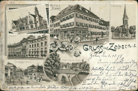 Alte Ansichtskarte Zabern / Saverne, Post, Kaufhaus Knopf, rot. Kirche, Schloss, Bahnhofstrasse, Rhein-Marne-Kanal (mauvais état)
