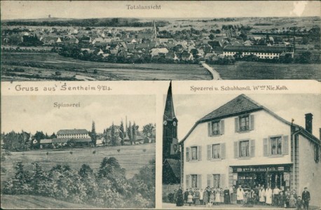 Alte Ansichtskarte Sentheim, Totalansicht, Spinnerei, Spezerei u. Schuhhandl. Wwe Nic. Kolb