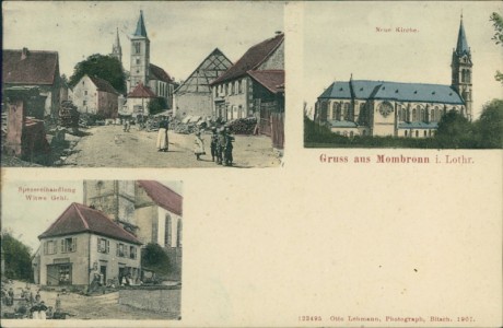 Alte Ansichtskarte Mombronn / Montbronn, Teilansicht, Neue Kirche, Spezereihandlung Witwe Gehl