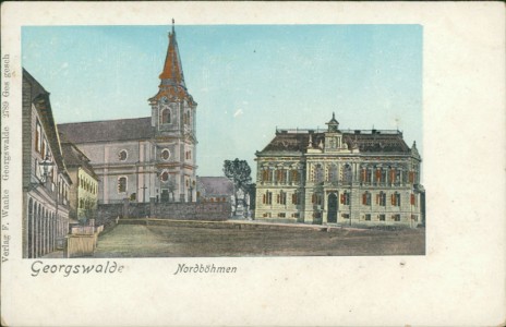 Alte Ansichtskarte Georgswalde / Jiříkov, Teilansicht mit Kirche
