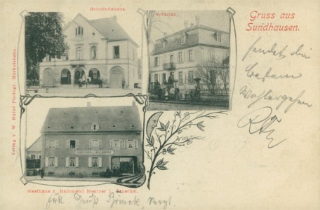 Alte Ansichtskarte Sundhausen / Sundhouse, Gemeindehaus, Notariat, Gasthaus z. Halbmond L. Truschel