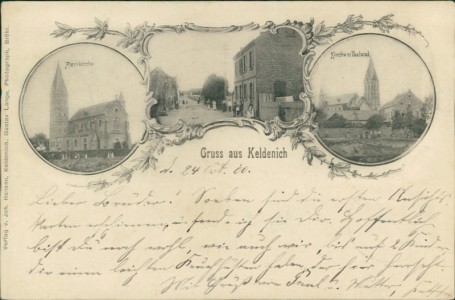 Alte Ansichtskarte Kall-Keldenich, Pfarrkirche, Straßenpartie, Kirche m. Pastorat