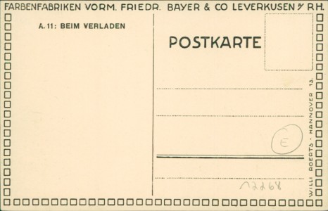 Adressseite der Ansichtskarte Leverkusen, Farbenfabriken vorm. Friedr. Bayer & Co. A. 11: Beim Verladen