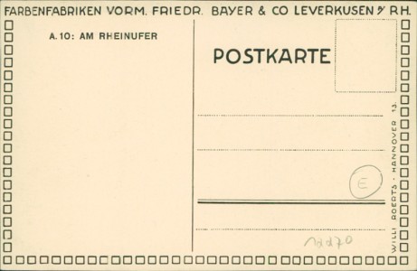 Adressseite der Ansichtskarte Leverkusen, Farbenfabriken vorm. Friedr. Bayer & Co. A. 10: Am Rheinufer