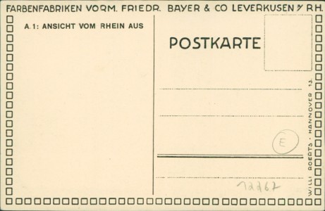 Adressseite der Ansichtskarte Leverkusen, Farbenfabriken vorm. Friedr. Bayer & Co. A. 1: Ansicht vom Rhein aus