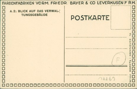 Adressseite der Ansichtskarte Leverkusen, Farbenfabriken vorm. Friedr. Bayer & Co. A. 2: Blick auf das Verwaltungsgebäude