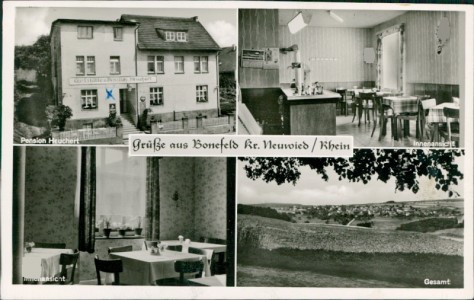 Alte Ansichtskarte Bonefeld (Rengsdorf), Gaststätte u. Pension Georg Heuchert (STARKER BUG ÜBER DEN KOMPLETTEN RECHTEN RAND)