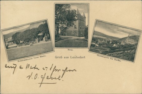 Alte Ansichtskarte Leubsdorf (Linz am Rhein), Hote-Restaurant Vater Rhein, Burg, Rheinansicht des Dorfes