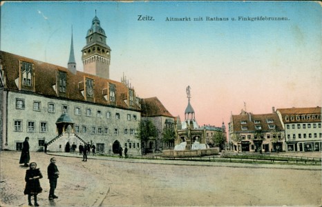 Alte Ansichtskarte Zeitz, Altmarkt mit Rathaus u. Finkgräfebrunnen