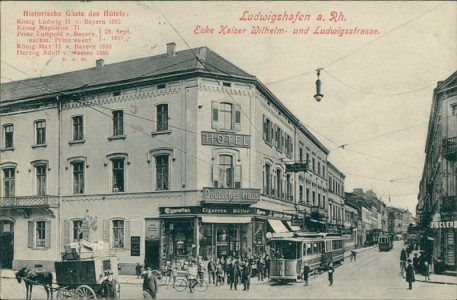 Alte Ansichtskarte Ludwigshafen am Rhein, Ecke Kaiser Wilhelm- und Ludwigsstrasse mit Hotel Deutsches Haus, Besitz.: V. Biermann