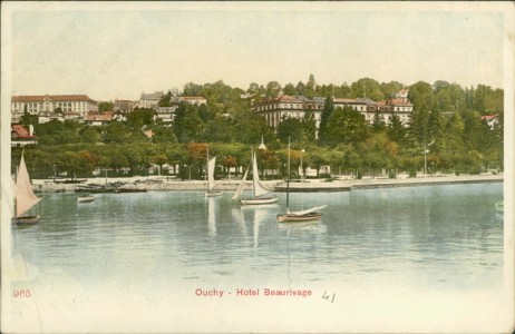 Alte Ansichtskarte Ouchy (Lausanne), Hotel Beaurivage (GROßER ECKKNICK UNTEN LINKS)