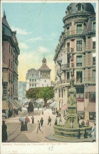 Alte Ansichtskarte Genève / Genf, Fontaine de l'Escalade et Tour de l'Ile