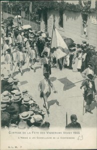 Alte Ansichtskarte Vevey, Cortège de la fête des vignerons 1905. L'abbaie & les conseilleurs de la confrèrerie