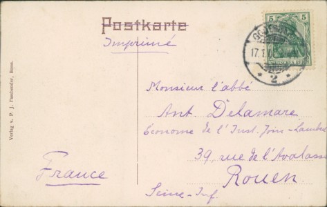 Adressseite der Ansichtskarte Bad Godesberg, Panorama Godesberg mit Siebengebirge, Hotel-Pension von Frl. G. Pütz, Godesberg II