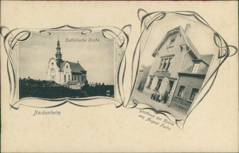 Alte Ansichtskarte Nackenheim, Katholische Kirche, Gasthaus zur Krone von August Fuchs